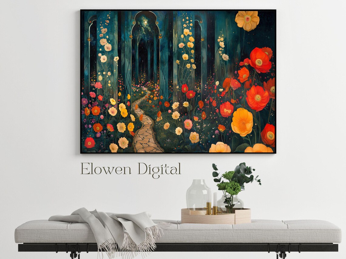 Art Nouveau Moonlit Flower Lane Through a Dark Garden at Night Poster