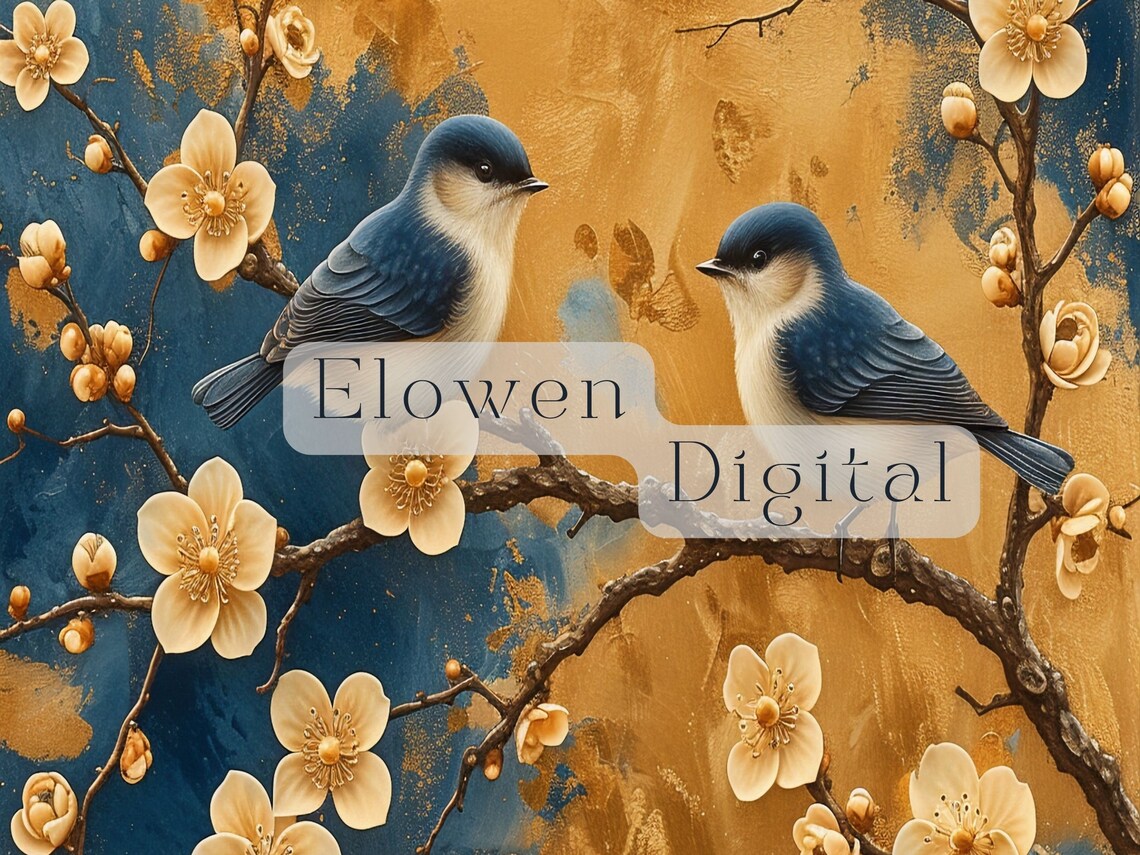 Refined Chinoiserie Blue Birds Blossom Branch Gold Blue Wall Art - Image 4