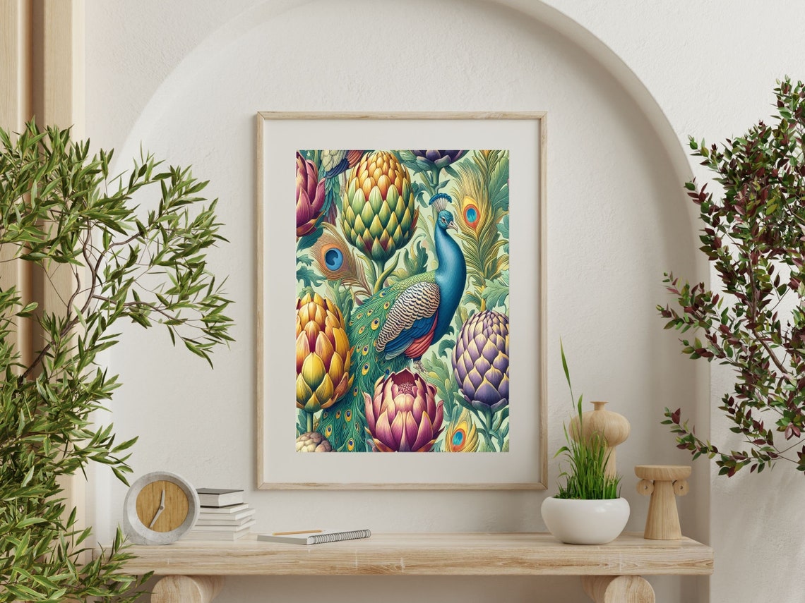Art Nouveau Peacock Among Artichokes and Protea Blooms Poster - Image 3