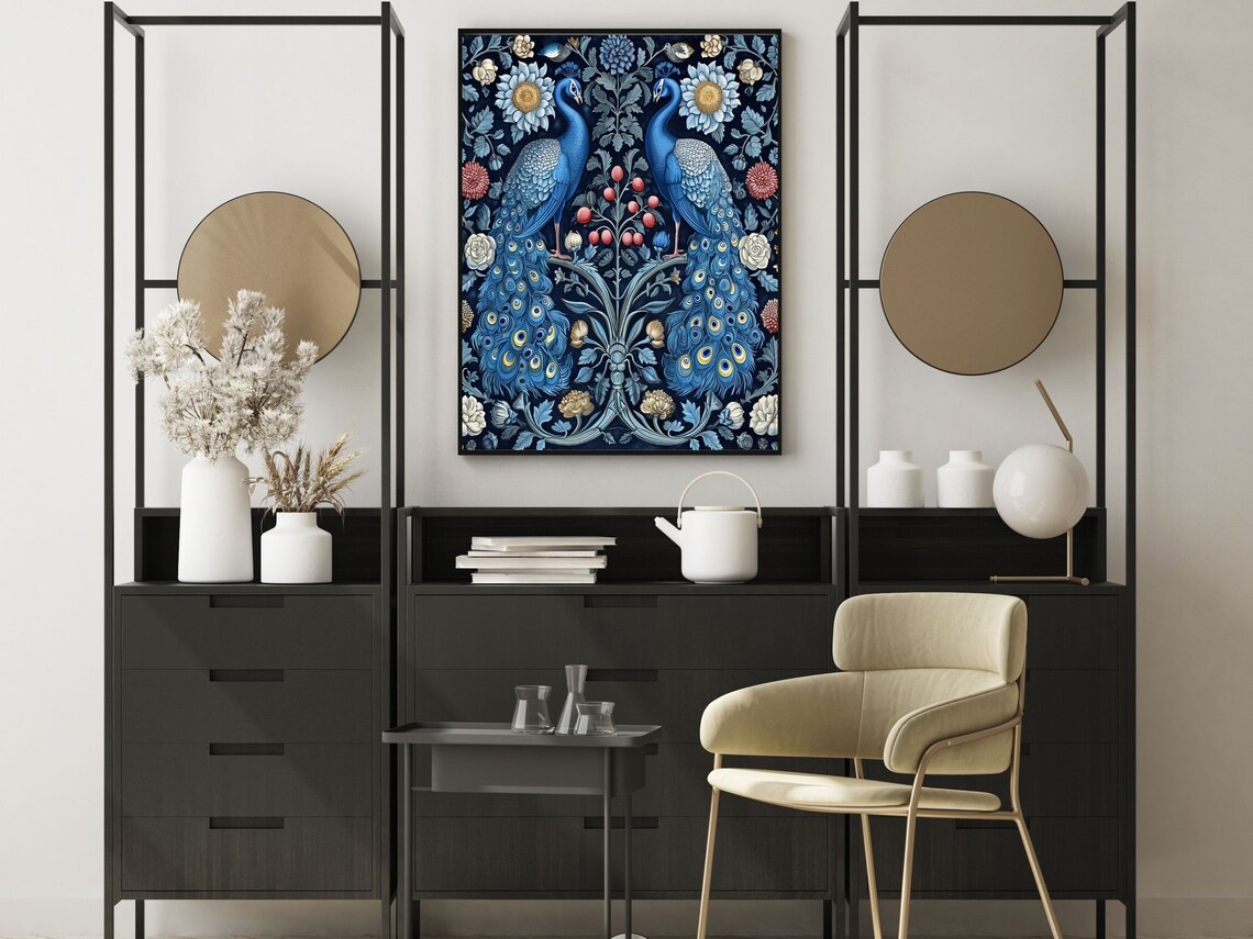 Pair Of Blue Peacocks In Floral Symmetry Dark Navy Scene Wall Art - Image 4