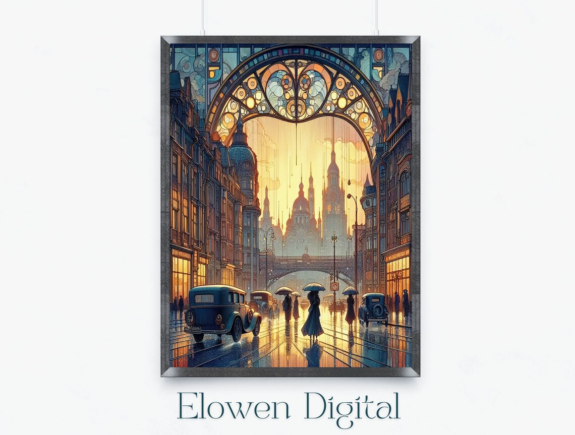 Art Nouveau Rainy 1920s City Street Through Golden Arch Window Poster