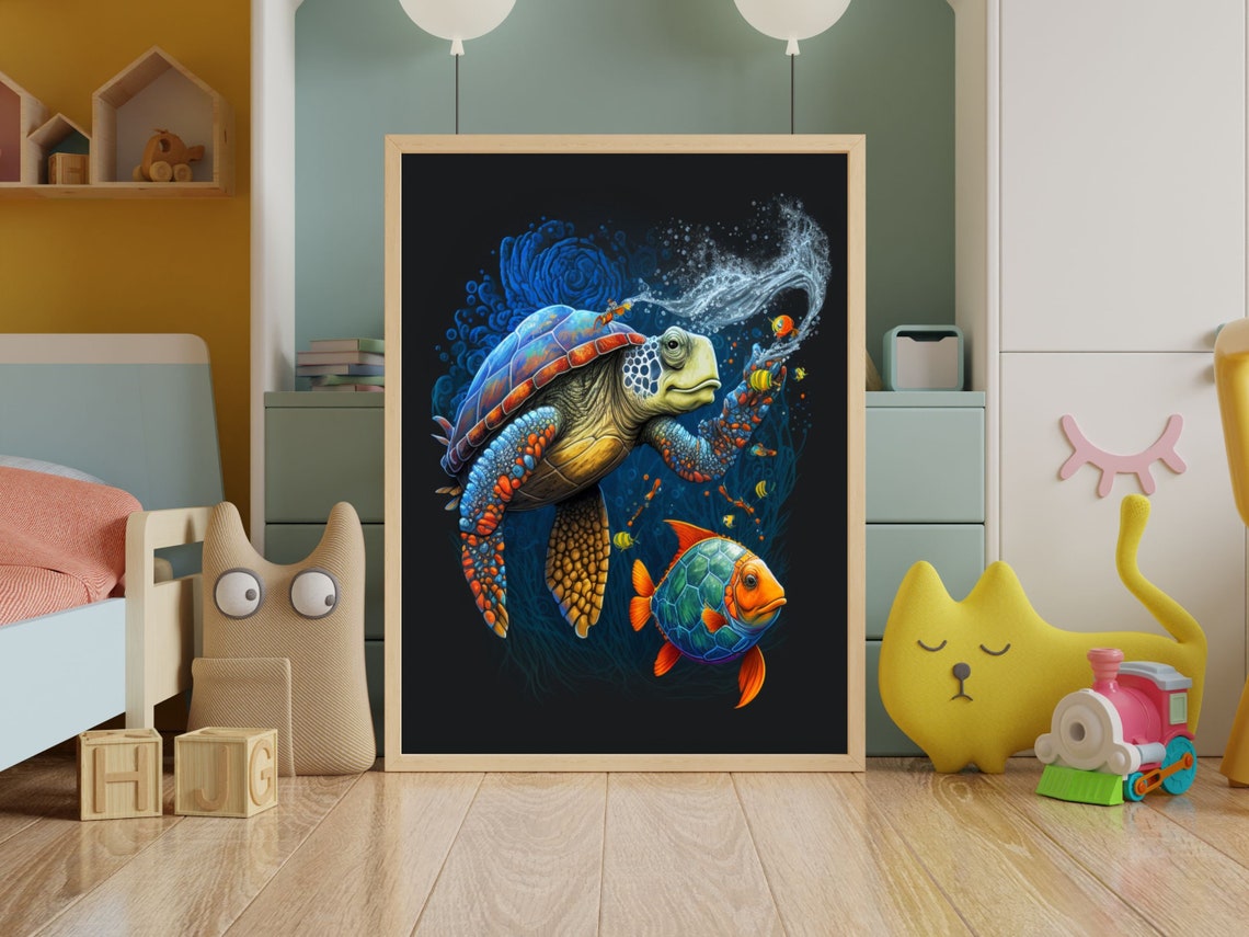 Playful Sea Turtle and Tropical Fish on Black Party Wall Poster - Image 4