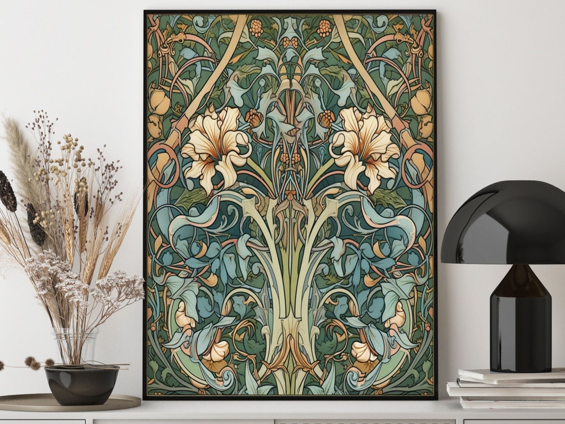 William Morris Style Lilies and Vines Botanical Pattern Wall Art - Image 3