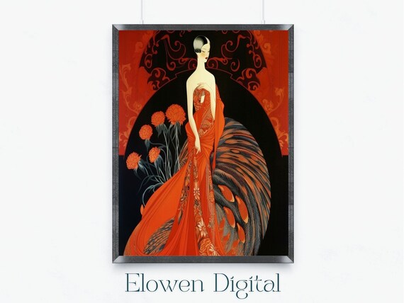 Art Deco Woman in Red Gown With a Sweeping Feathered Train Poster