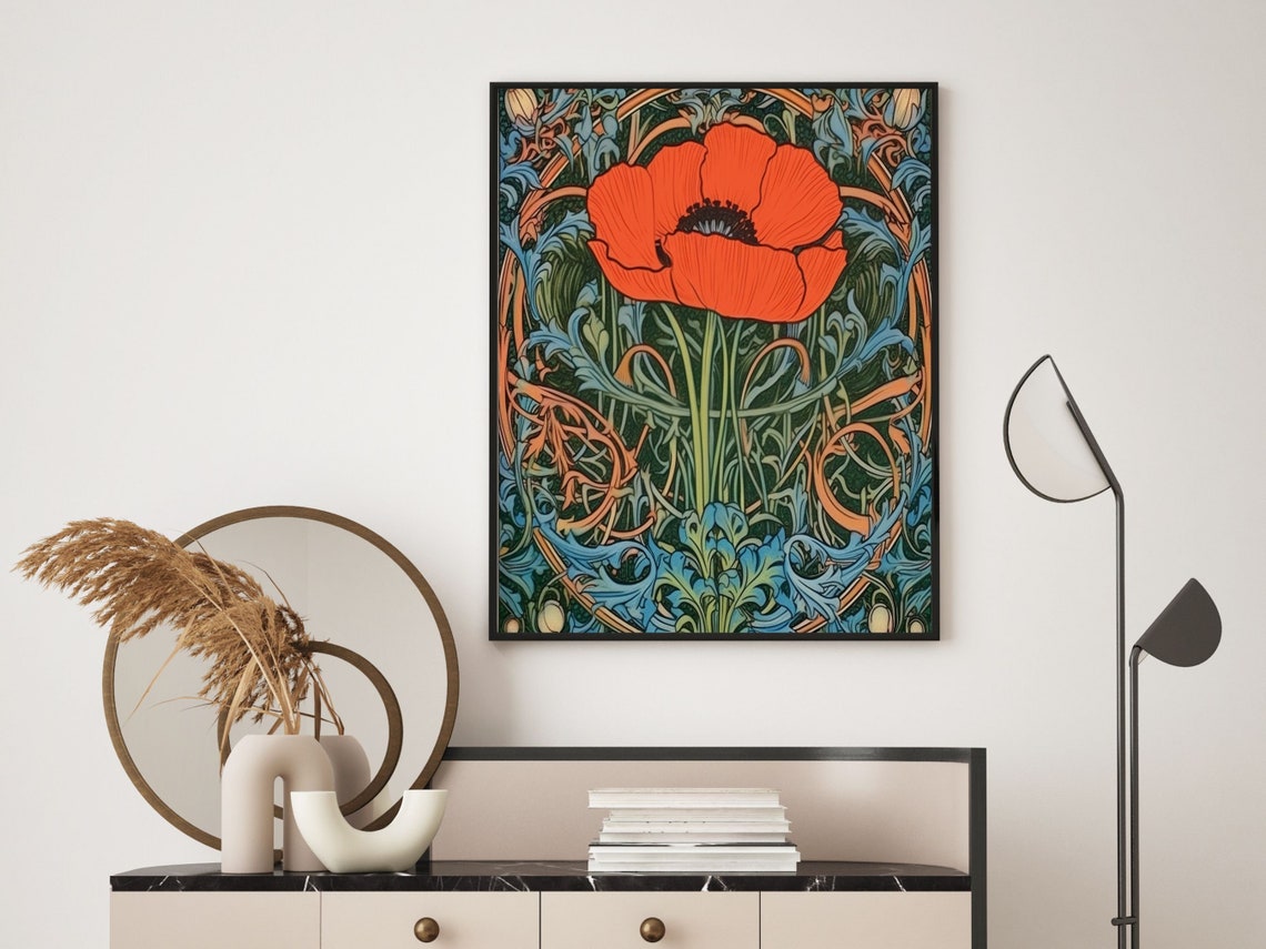 Scarlet Poppy Bloom In Ornate Blue Copper Art Nouveau Frame Wall Art - Image 5