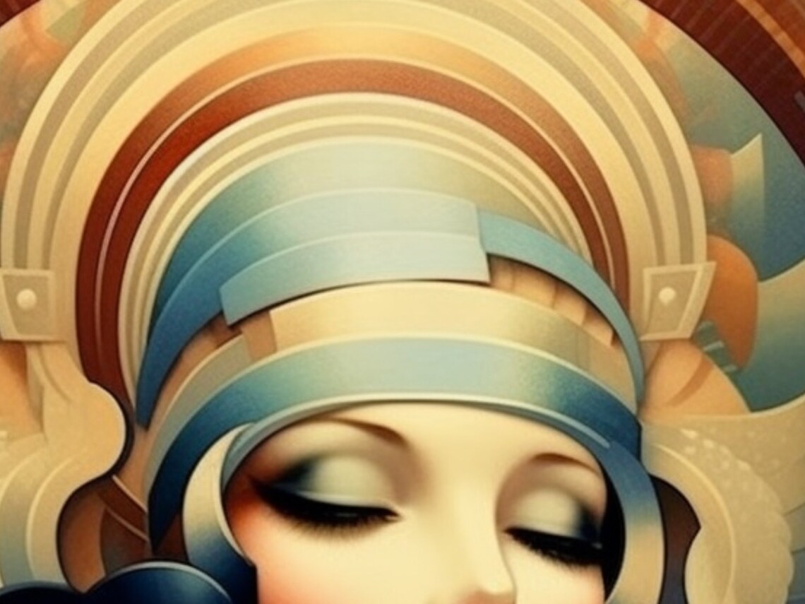 Art Deco Woman in Blue Headdress Beneath Radiant Gold Arch Poster - Image 2