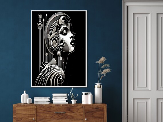 Black and White Art Deco Woman Portrait Geometric Deco Wall Art