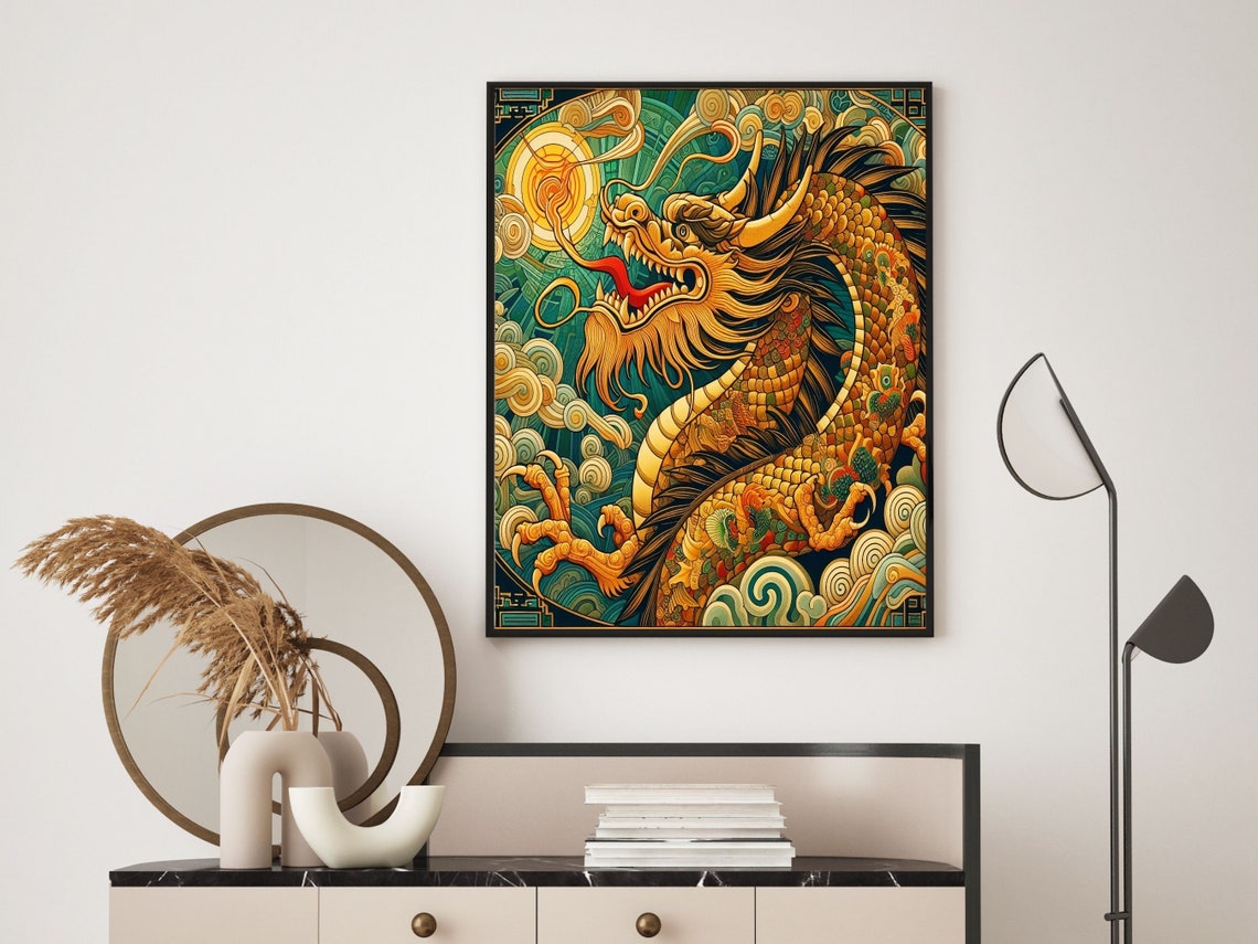 Golden Chinese Dragon With Pearl In Jade Clouds Scene Wall Art - Image 4