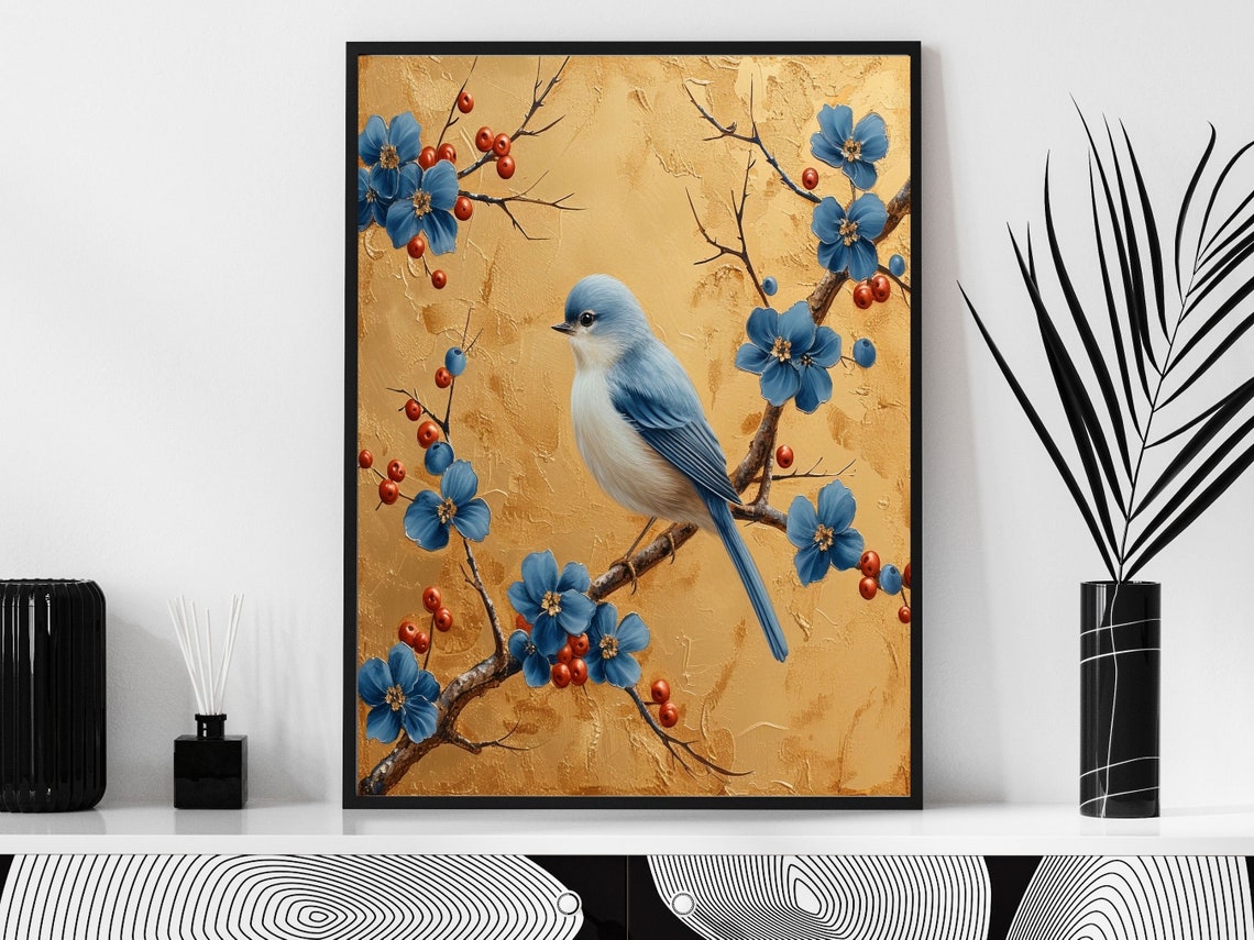 Bluebird Blossoms Red Berries Gold Chinoiserie Botanical Poster - Image 5