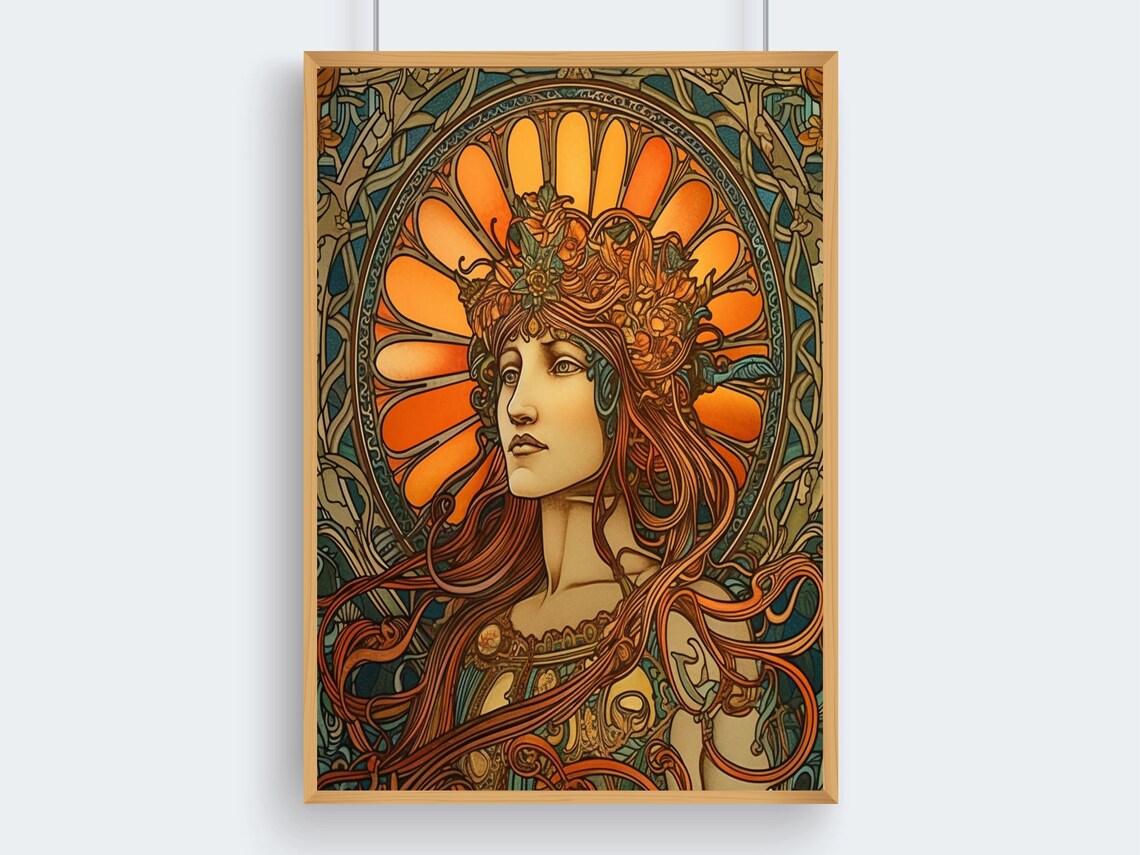 Art Nouveau Redhead Woman With Sunburst Halo Vintage Art Poster