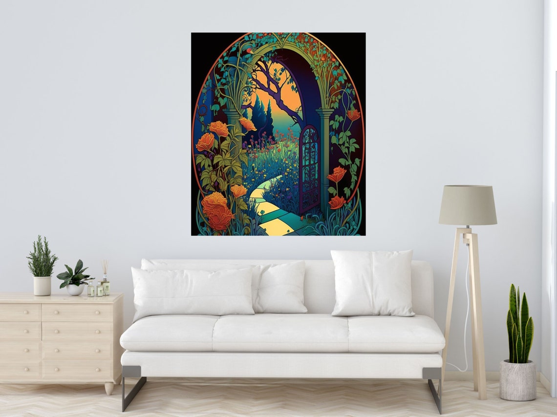 Art Nouveau Sunset Garden Arch Poppy Path Stained Glass Poster - Image 4