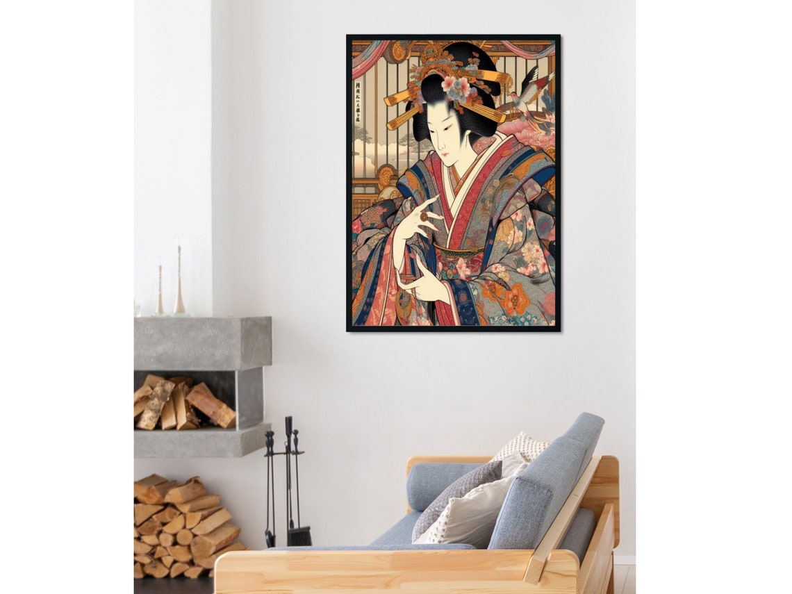Japanese Courtesan in Floral Kimono, Traditional Ukiyo-E Style Poster - Image 3