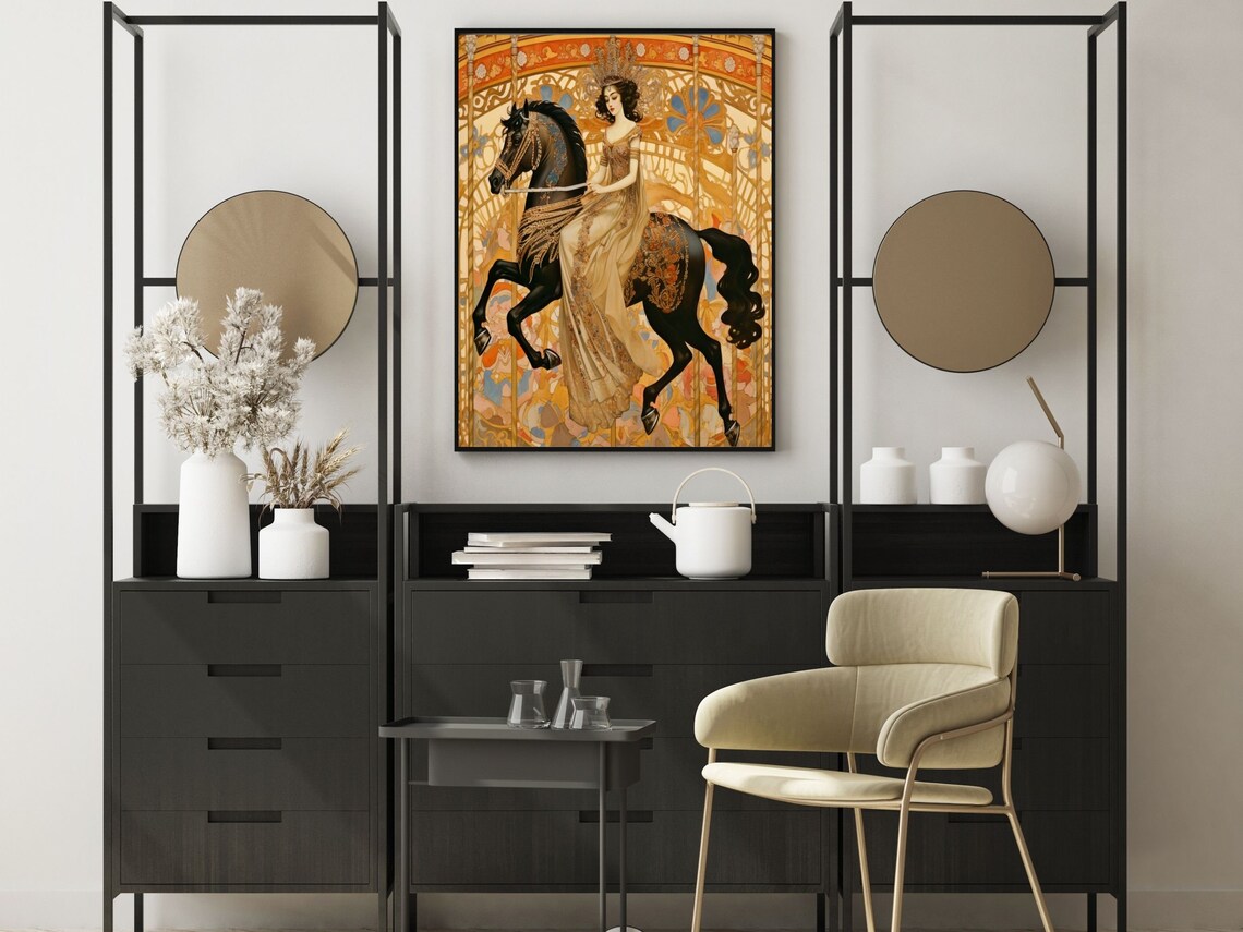 Art Nouveau Woman Riding a Black Carousel Horse in Gold Gown Poster - Image 6