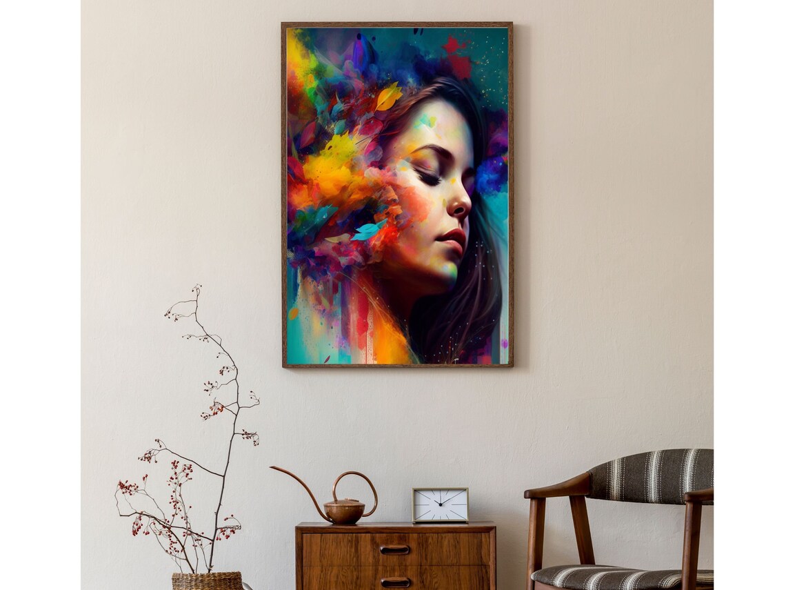 Serene Woman Portrait In Explosive Rainbow Color Paint Splash Wall Art - Image 5