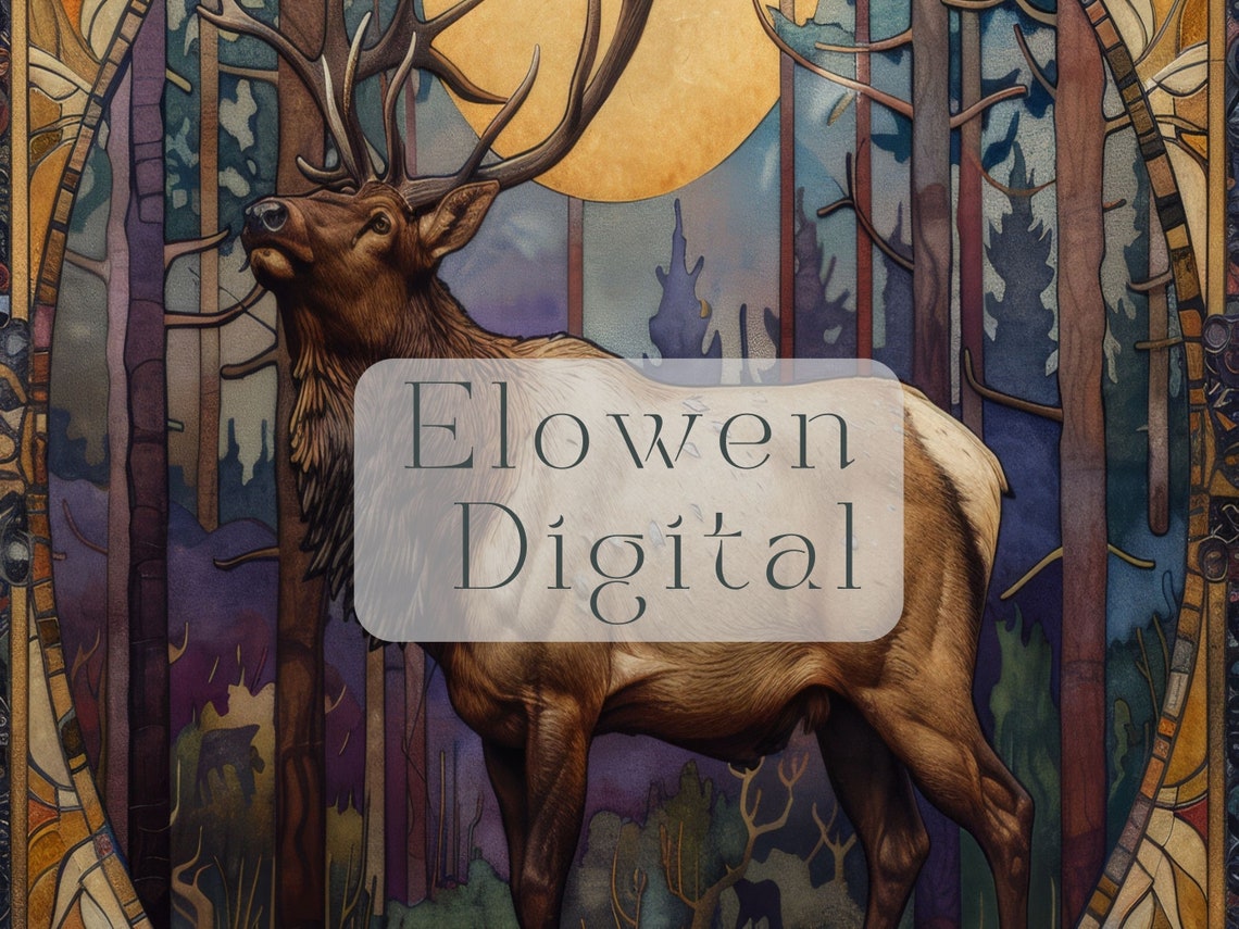 Art Nouveau Elk Bugling in a Dark Moonlit Forest Scene Poster - Image 3