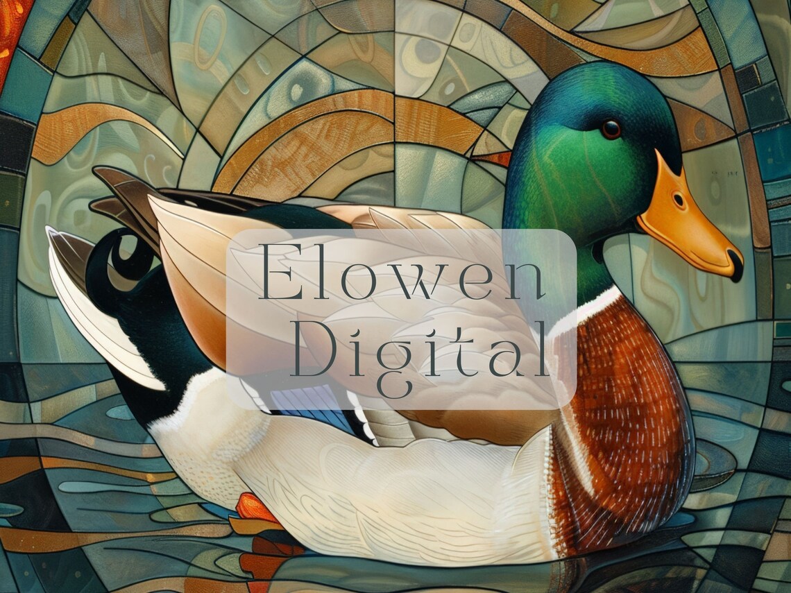 Stained Glass Mallard Duck on Water Art Deco Wildlife Wall Art - Image 3