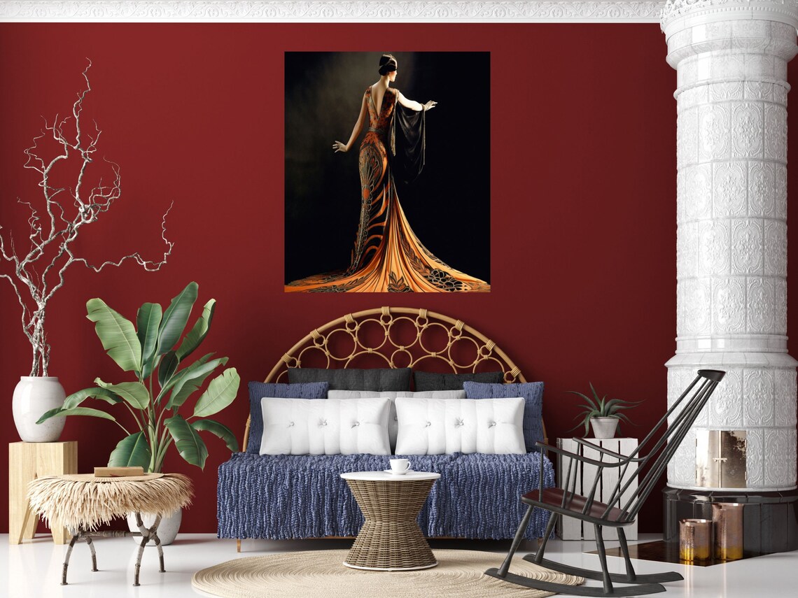 Art Deco Woman From Behind in Flame-Orange Feathered Gown Poster - Image 3