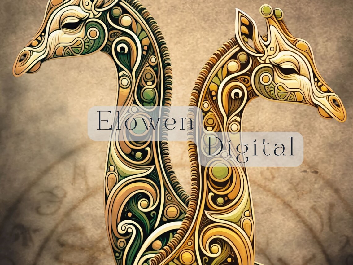 Two Ornate Giraffes With Gold And Green Patterned Bodies Art Nouveau Wall Art - Image 5