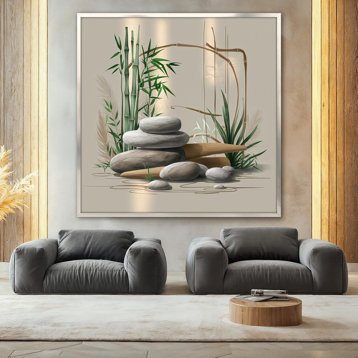 Zen Bamboo Painting, Japanese Minimalist Stone Artwork - Image 2