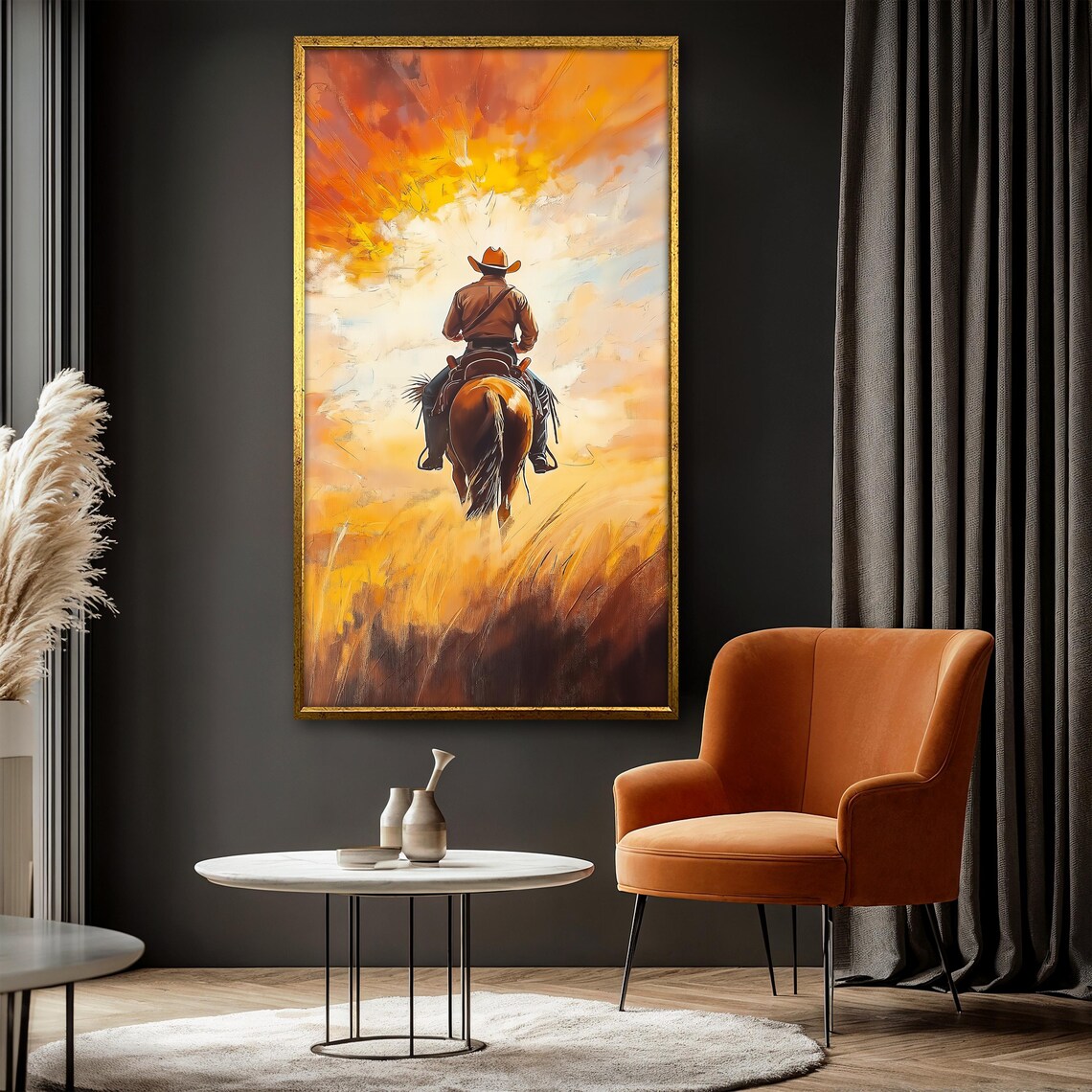 Cowboy On Horse Painting, Western Sunset Scene - Image 3