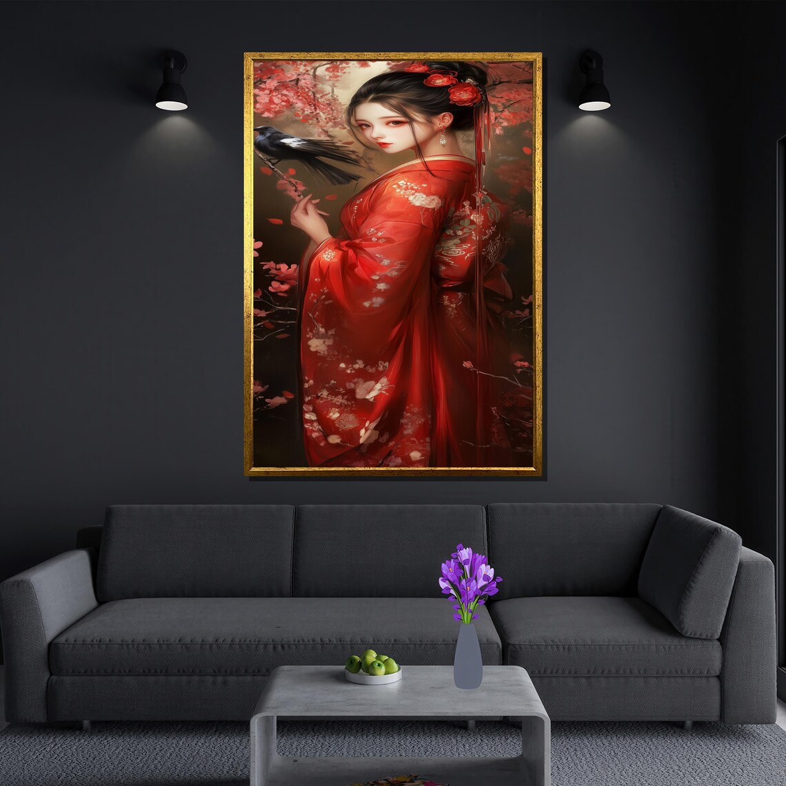 Romantic Japanese Woman In Red Kimono, Cherry Blossom - Image 3
