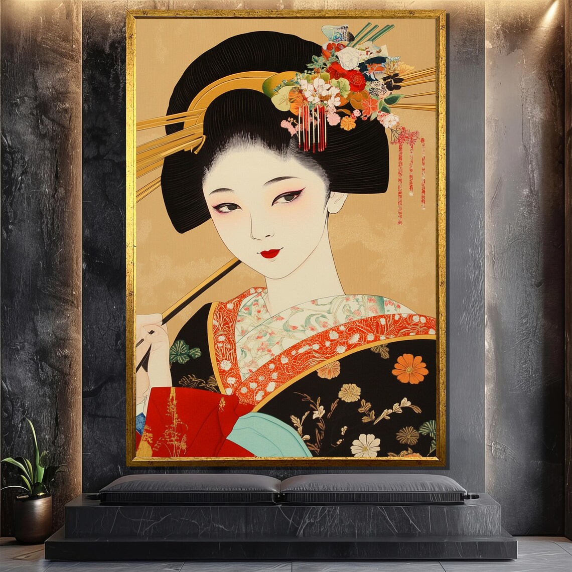 Traditional Japanese Geisha Painting, Elegant Kimono
