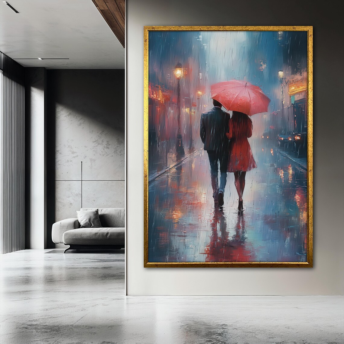 Romantic Rainy Walk, Couple Under Umbrella Art - Image 3