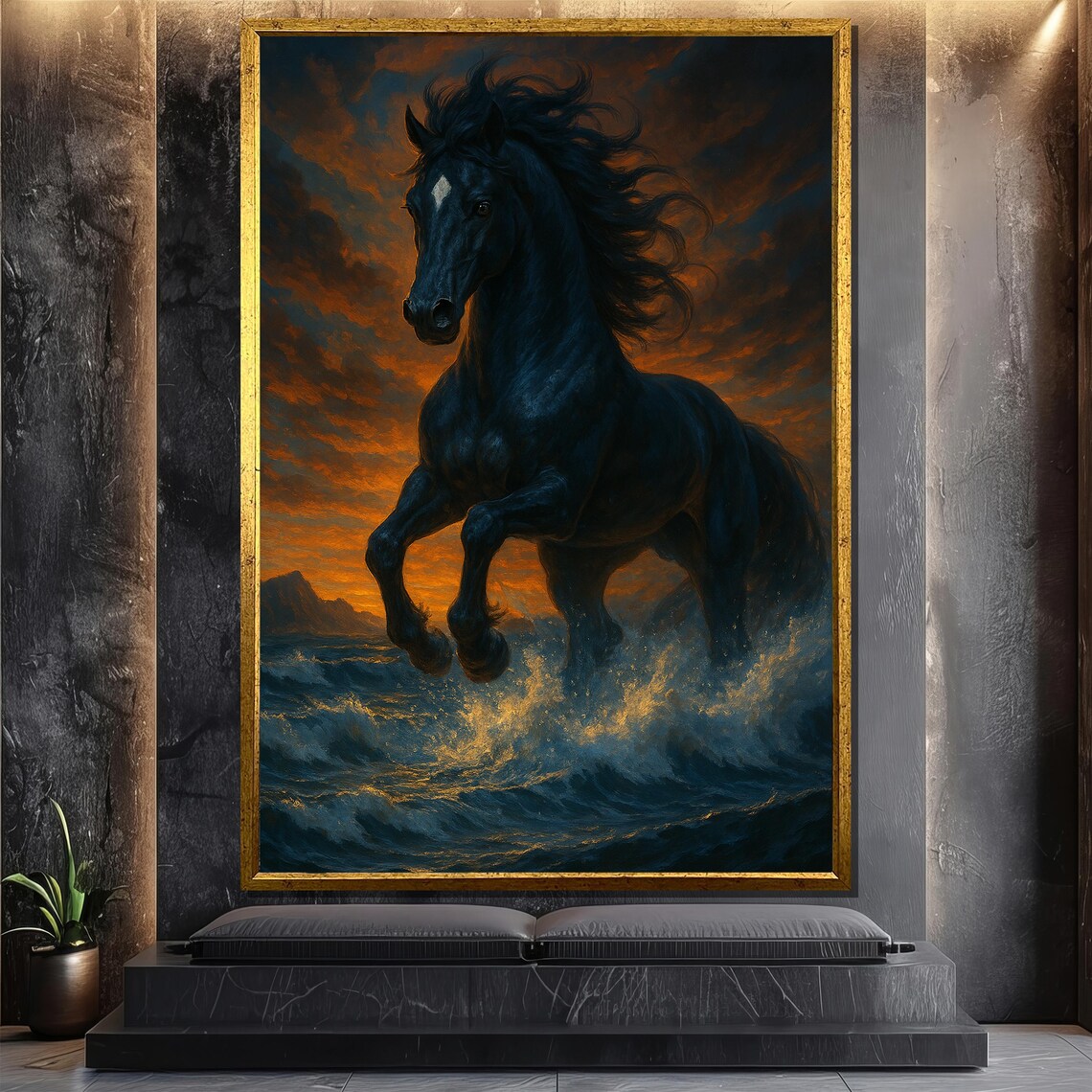 Black Horse Running Through Ocean Waves, Dramatic Art Print