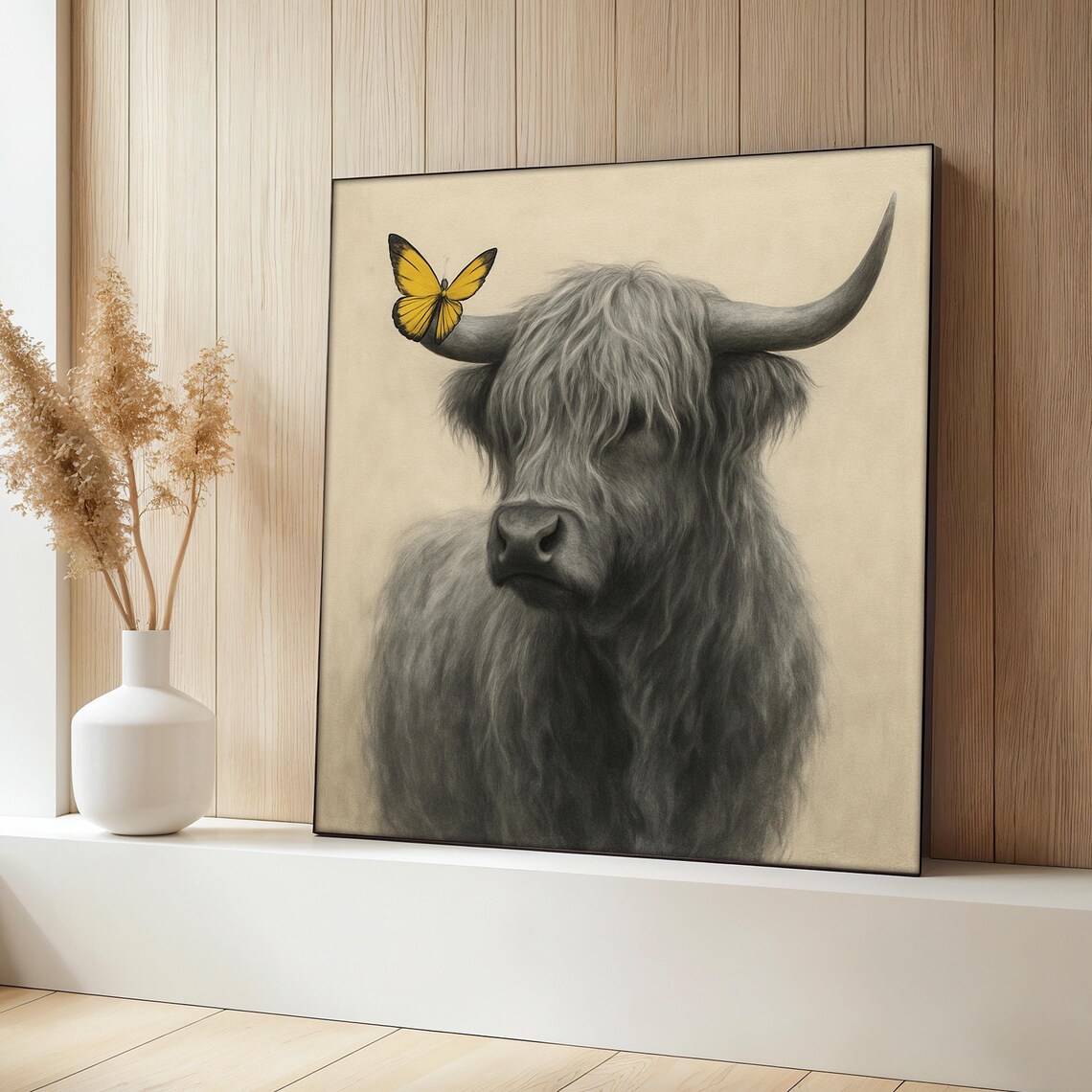 Highland Cow Painting With Yellow Butterfly, Rustic