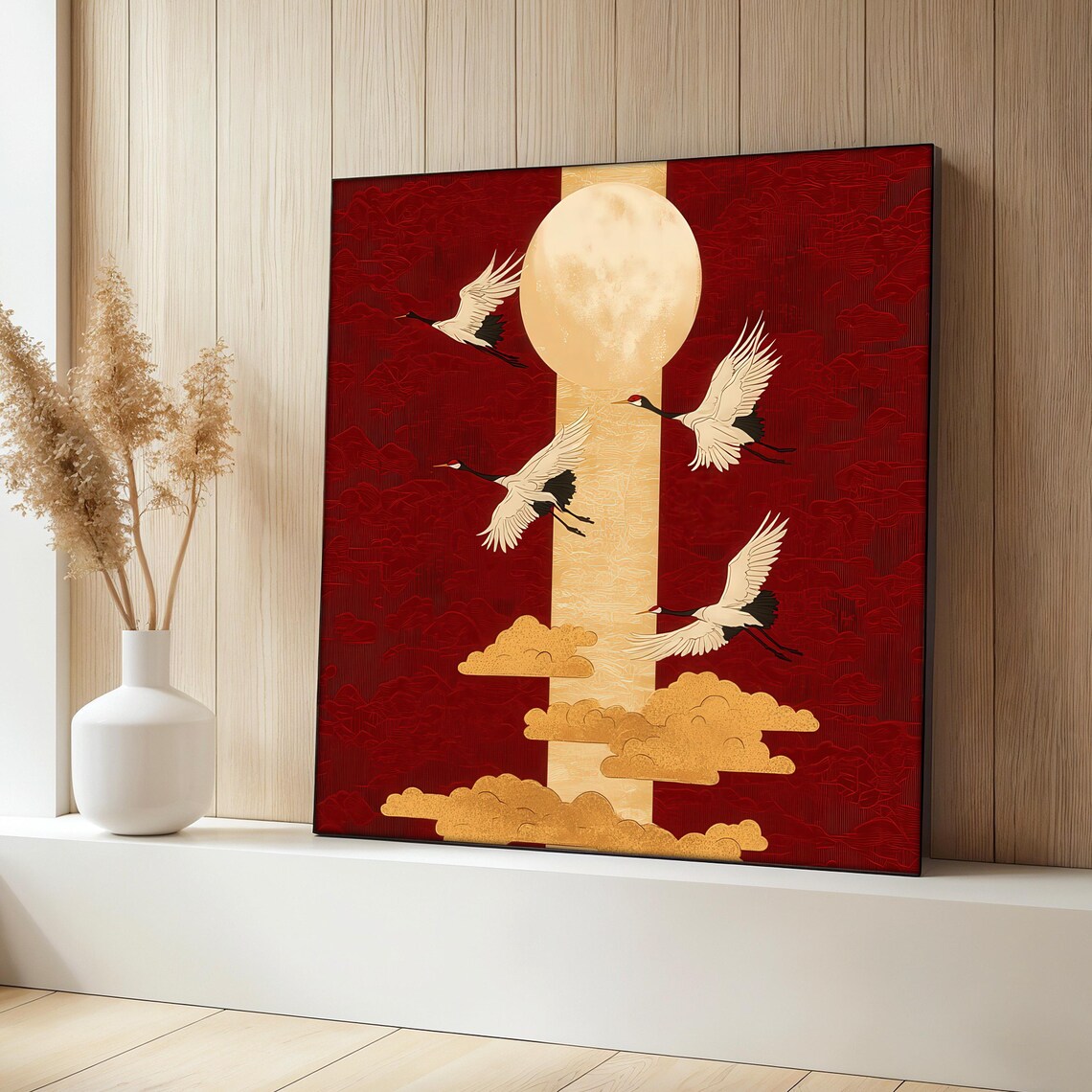 Japanese Red Crane, Golden Moon Art Print