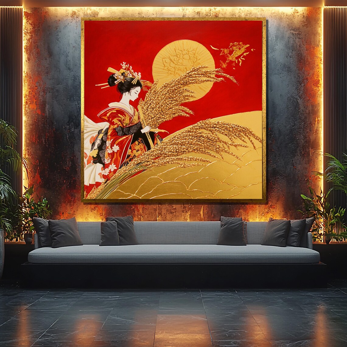 Japanese Woman With Golden Wheat Painting, Art Print