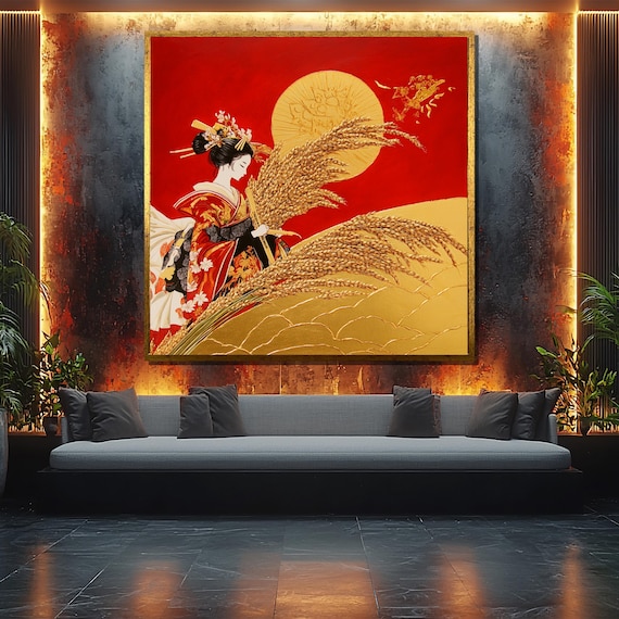 Japanese Woman With Golden Wheat Painting, Art Print