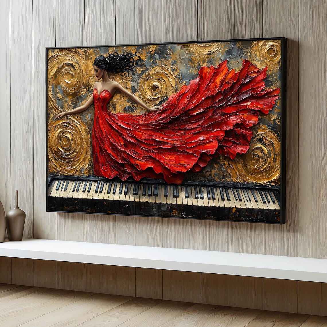 Elegant Lady In Flowing Red Dress On Piano