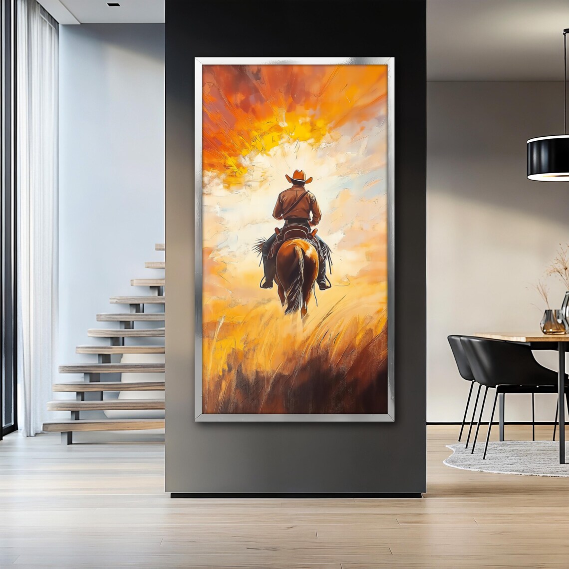 Cowboy On Horse Painting, Western Sunset Scene - Image 2