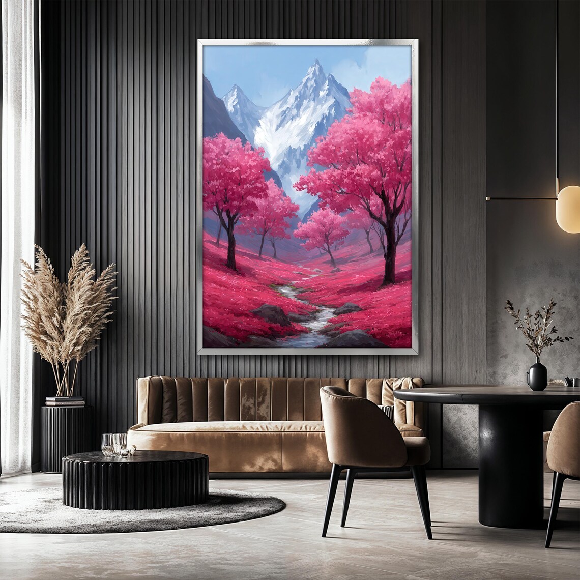 Mountain Landscape Painting, Snowy Peaks And River - Image 2