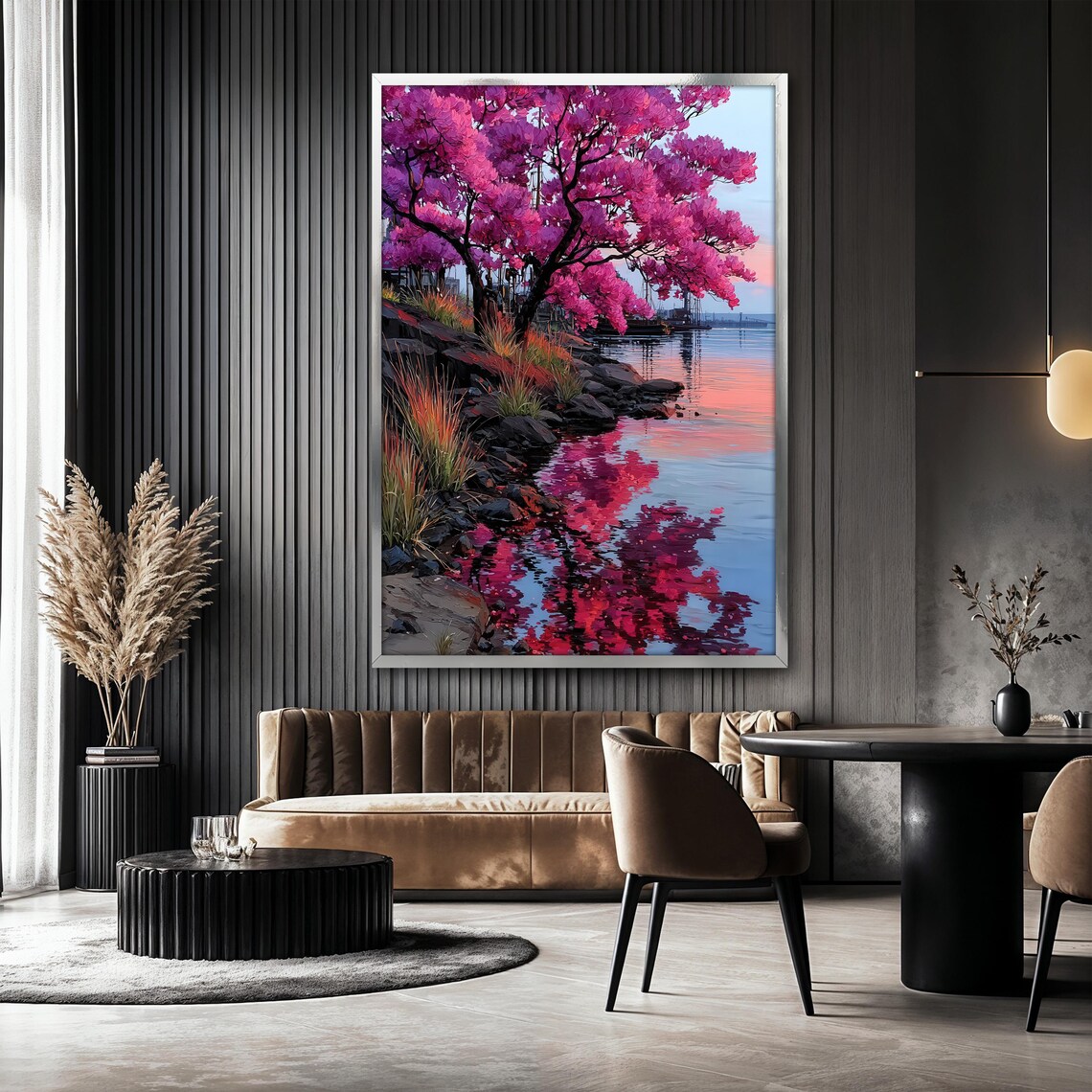 Cherry Blossom Lake Painting, Serene Nature Scene - Image 2