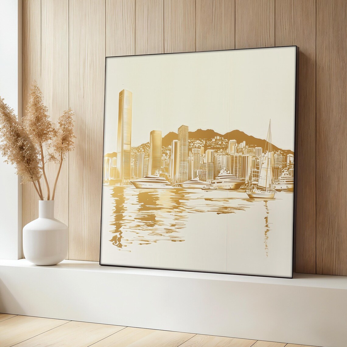 Golden Cityscape Painting, Modern Skyline Art