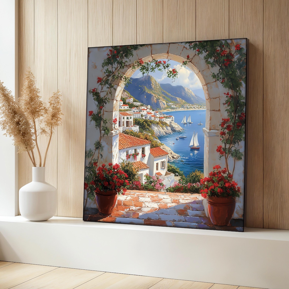 Mediterranean Coast Painting, Coastal Village Arch View