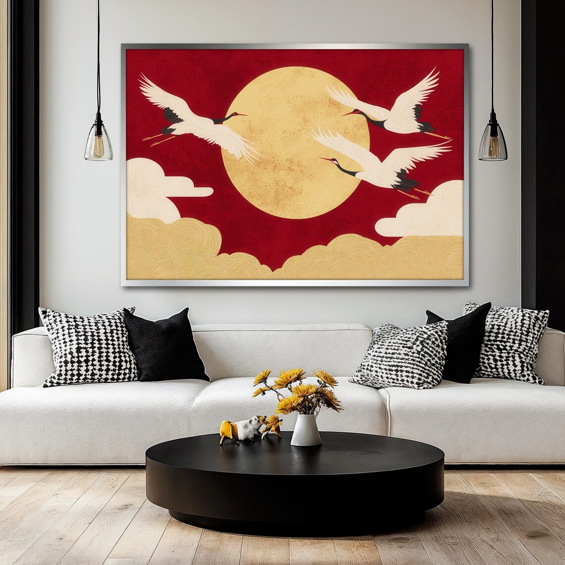 Japanese Crane Moon Scene, Minimalist Asian Wall Decor - Image 2