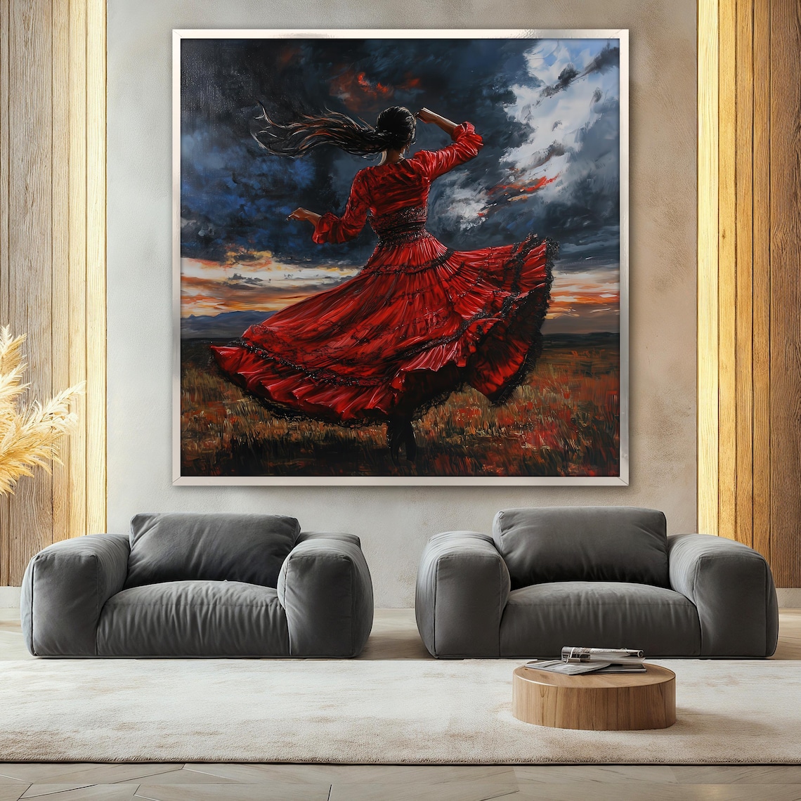 Woman In Red Dress Dancing At Sunset, Painting - Image 2