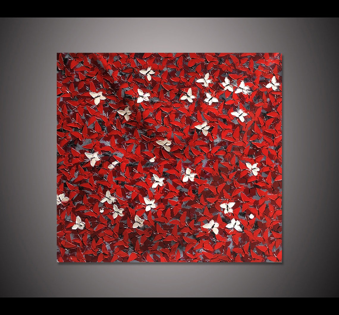 Red White Butterfly Swarm Abstract Impasto Texture Square Poster - Image 2