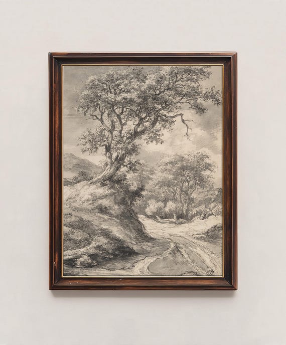 Oak Tree Sketch Art Antique Landscape Art Illustration Vintage Wall Art
