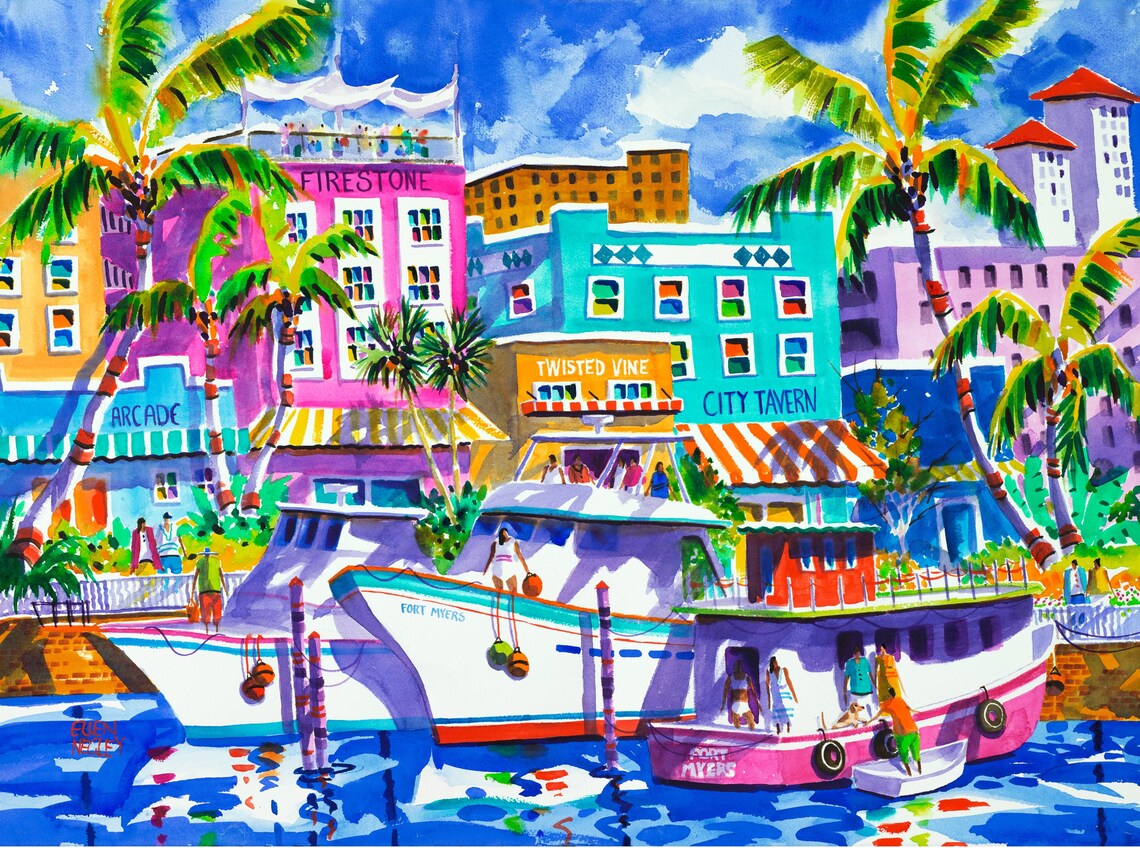 Fort Myers Florida Tropical Watercolor Travel Poster
