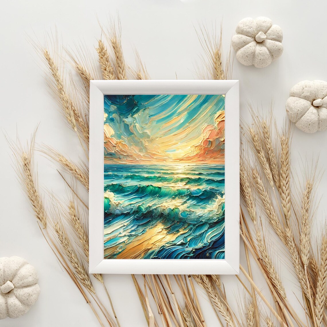 Golden Sunset Over Sculpted Ocean Waves Impasto Oil Art Poster - Image 2