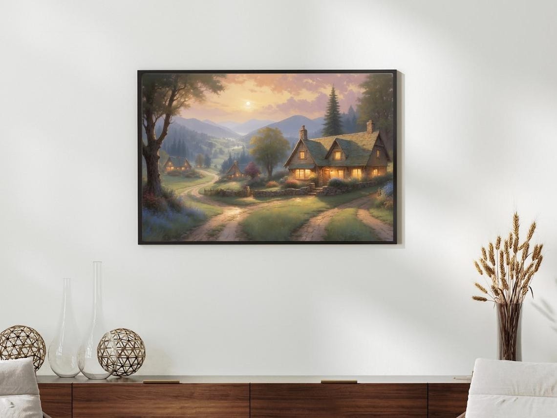 Cozy Cottage Valley at Dusk Winding Road Landscape Art Poster