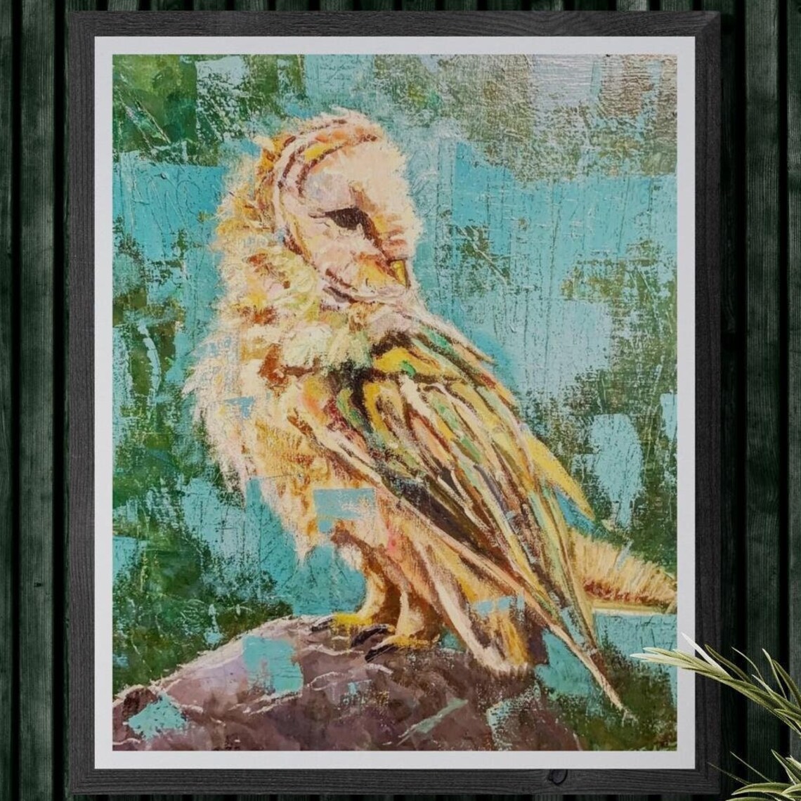 Barn Owl Perched Textured Teal Background Bird Oil Painting Wall Art