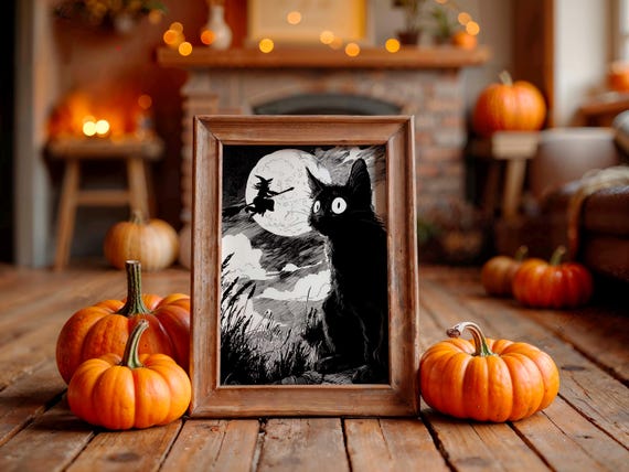 Black Cat And Flying Witch Halloween Poster Sketch Under Full Moon