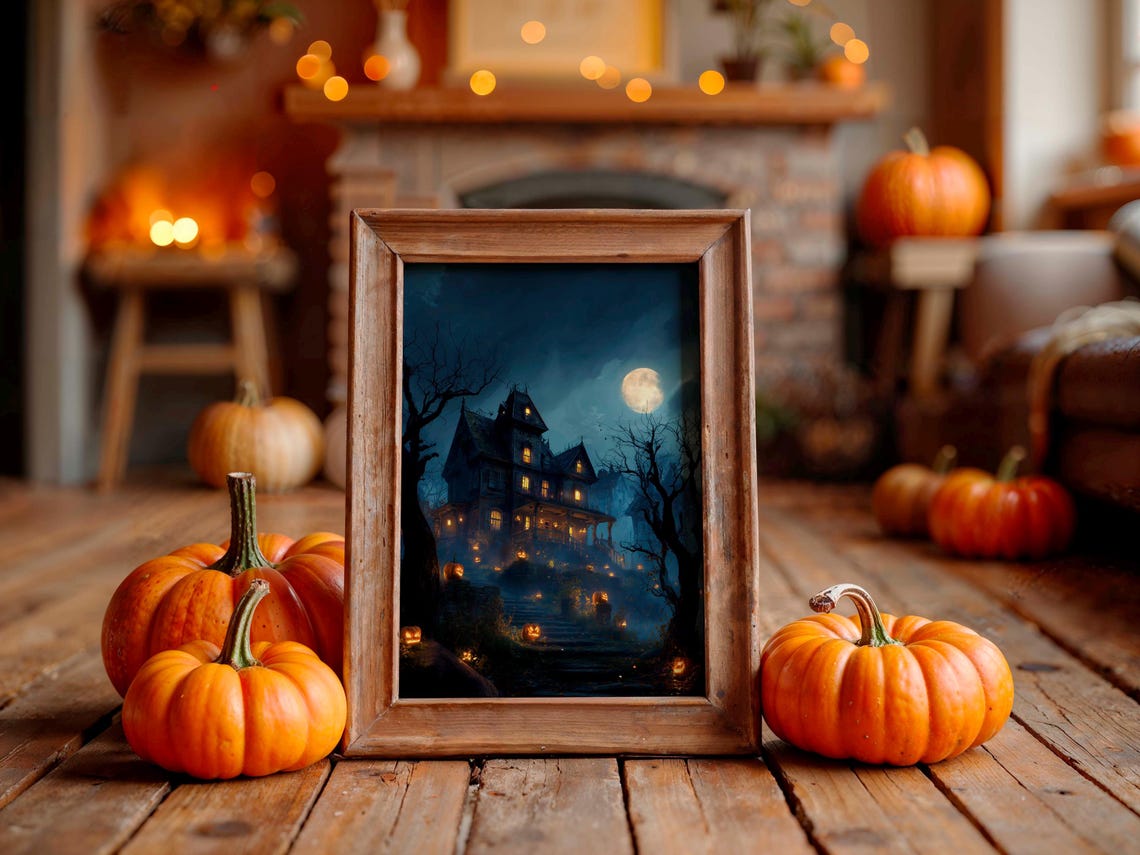 Spooky Haunted Mansion Full Moon Bare Trees Halloween Poster