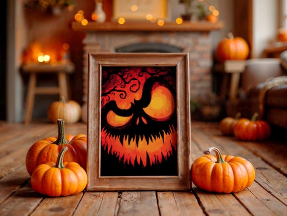 Scary Evil Jack O Lantern Poster Glowing Red Grinning Face Art