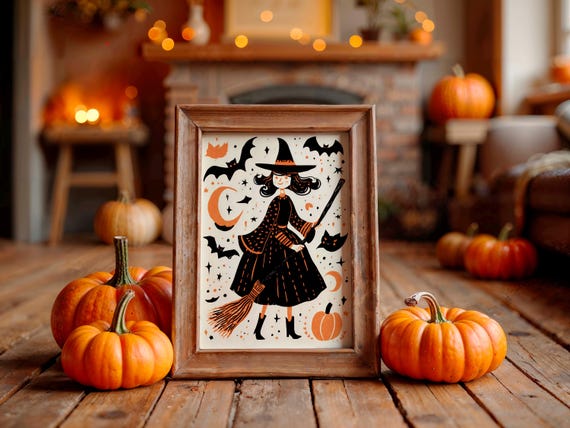 Halloween Witch Wall Art Cute Poster With Broom Pumpkins And Bats Whimsical For Seasonal Home Decor